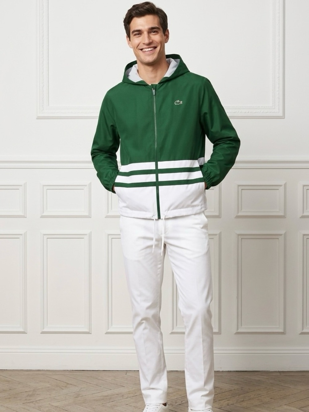 Lacoste Sport Track Tennis Hooded Track Jacket, Green/White Colorblock, Size S